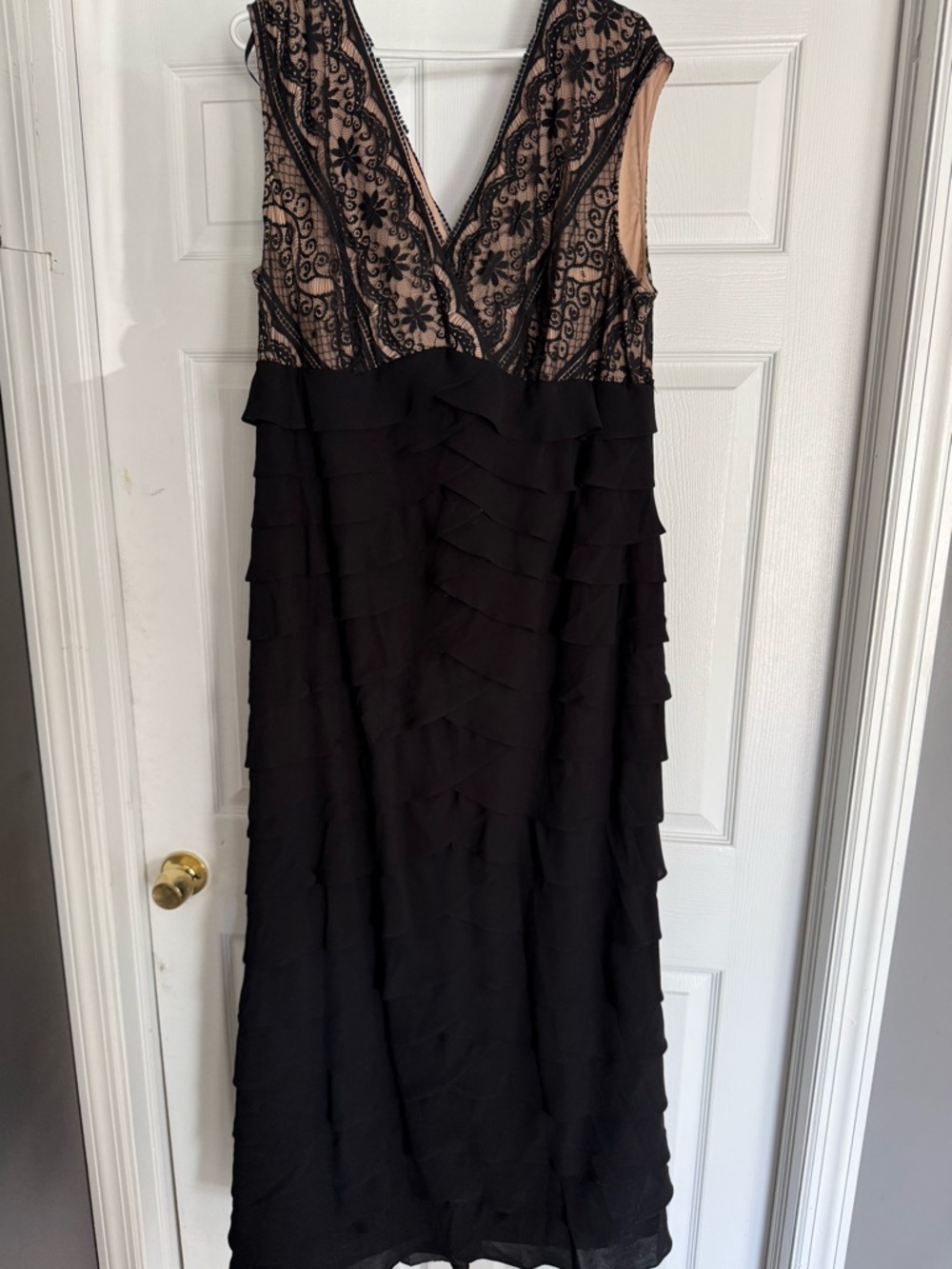 Adrianna Papell Black and Nude Lace V-Neck Maxi Dress